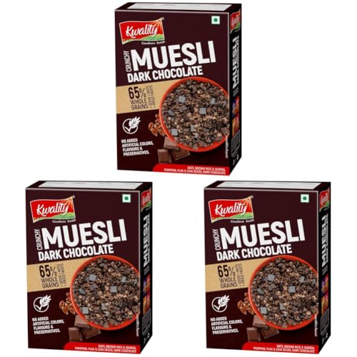 Image of Kwality Muesli Crunchy Dark Chocolate 400g | 65% Whole Grains + Seeds + Nuts & Dried Fruits, High Protein & Fiber, Healthy Breakfast Cereal (Pack of 3)