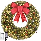 48in Large Outdoor Christmas Wreath - Prelit Christmas Wreath with Lights 200 Led Timer 8 Modes Lights - Artificial Xmas Wreath with Red Bow Bell Pine Cones Berries for Garage Porch Window Fireplace