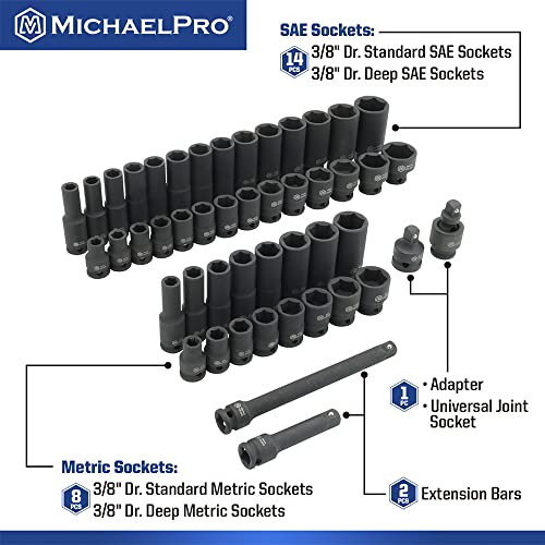 MichaelPro MP005035 3/8" Drive Impact Socket Set Metric and Standard SAE Sizes (5/16” to 3/4" and 8 to 24mm), 48-Piece Standard and Deep Sockets, CR-MO, Mechanic Socket Set - Image 2