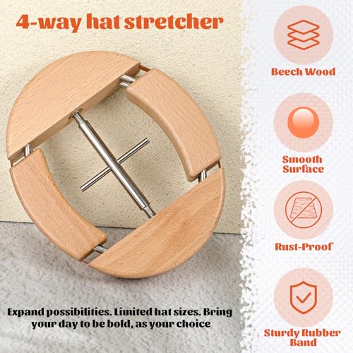 Image of 4 Way Hat Stretcher, Wooden Hat Stretcher for Fitted Hats, Stretched Length 7.1'' to 9'', Width 5.7'' to 7.1'', Heavy Duty of Extender Soft Black Handle for All Kinds of Hats
