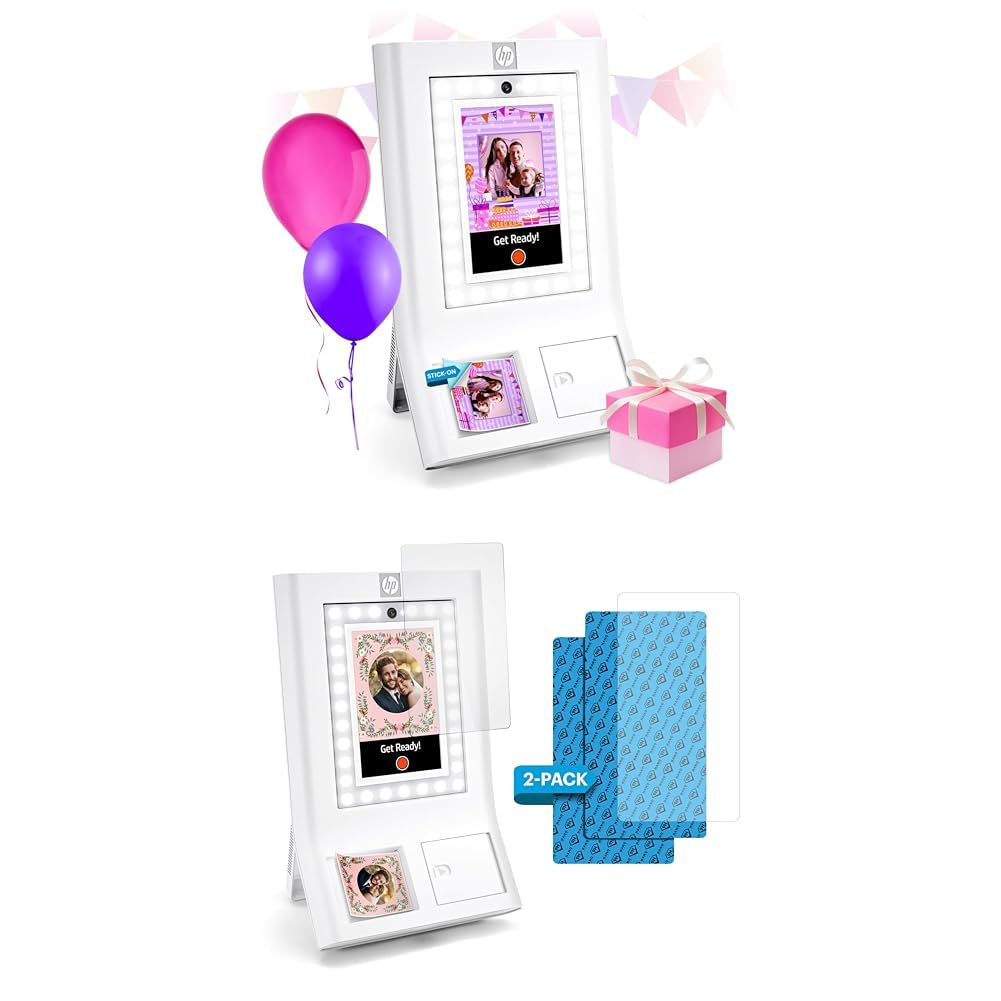 HP Sprocket White Photo Booth Machine Instant Color Photo Printer - 10.1" Touchscreen, LED Ring Light + Screen Protector - 9H High-Transparency, Scratch-Resistant
