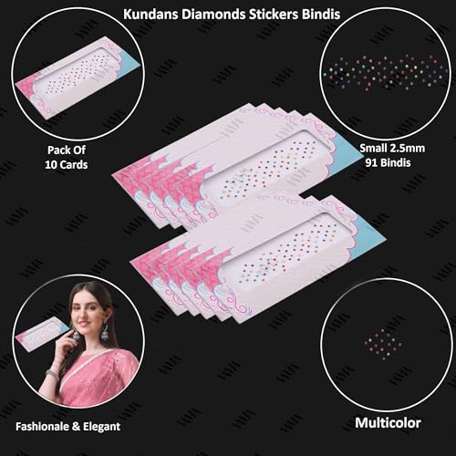 Image of VAMA Rhinestone Multi Color Crystal Stone Bindi kumkum Sticker Diamond Cut Kundan Multicolour bindiya Bindis Set for Women (10 Cards)
