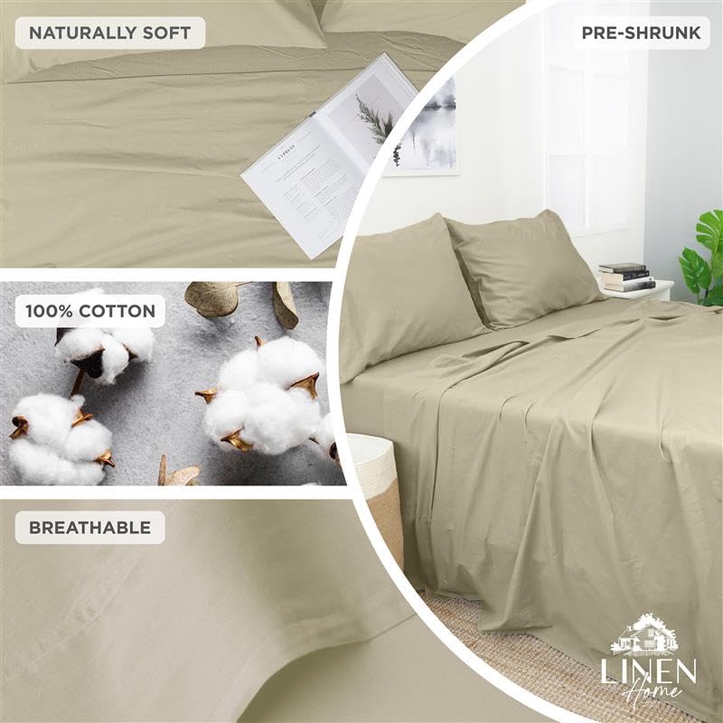 Image of Linen Home Washed Cotton Percale Queen Sheet Set, Silver, Preshrunk, 4 Pieces Sets - 1 Flat, 1 Deep Pocket Fitted Sheet & 2 Envelope Closure Pillowcases, Soft, Cool and Comfortable Bed Linen