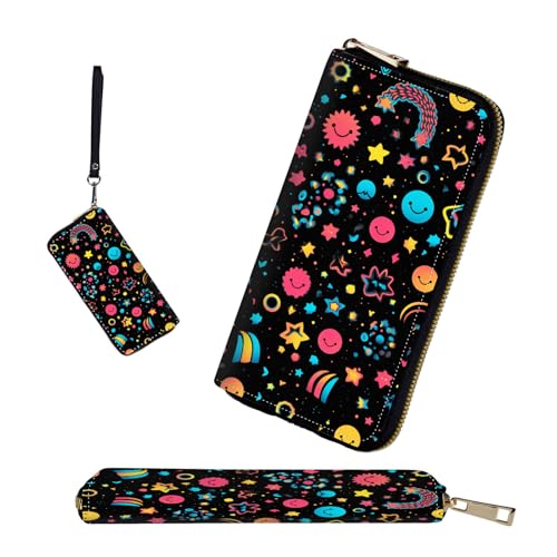 RFID-Blocking Zip Around Wallets for Women with Detachable Wrist Strap,Large Capacity Phone Holder with Card Organizer & Coin Pocket,Planet Smiling Face Star