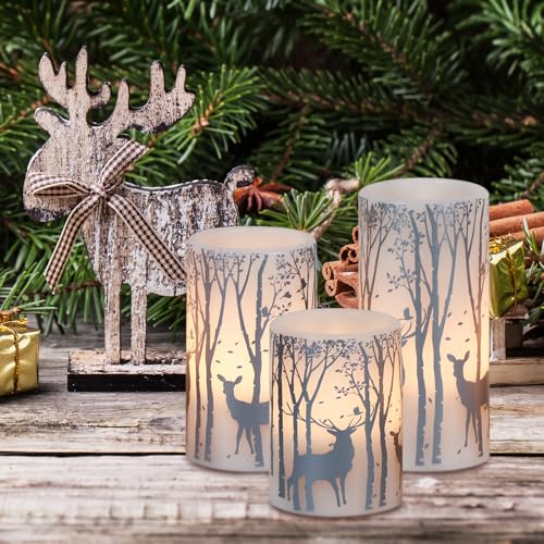 Image of GenSwin Flameless Candles with Timer, Christmas LED Flickering Candles Real Wax with Silver Deer Decals, 3 Pack Pillar Fake Candle for Winter Indoor Fireplace Christmas Decor(D3 inch x H4 inch5 inch6 inch)
