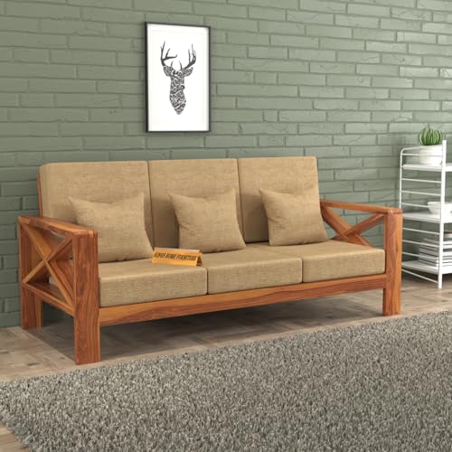 Image of Sheesham Wooden 3 Seater Sofa for Living Room | Rosewood 3 Seater Cushion Sofa X-Legs | Solid Wood Sofa Set for Lounge (3 Seater,Honey)