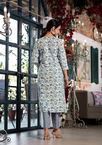 Image of MIRCHI FASHION Women's Straight Fit Pure Cotton Jaipuri Floral Printed Sequins Thread Work Kurta Set with Dupatta and Trouser