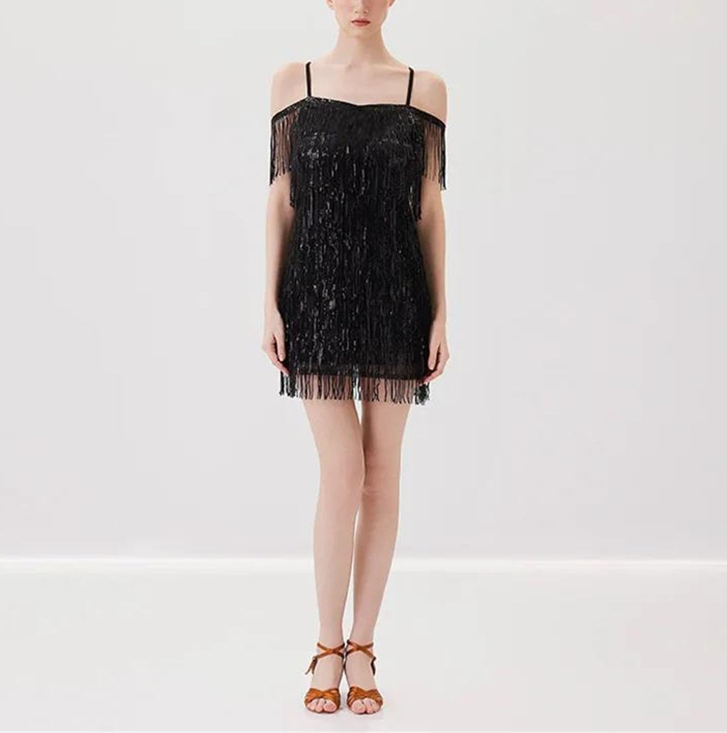 Women Latin Dance Practice Outfit Spring Sequin Tassel Backless Dress Adult Party Ball Training Wear