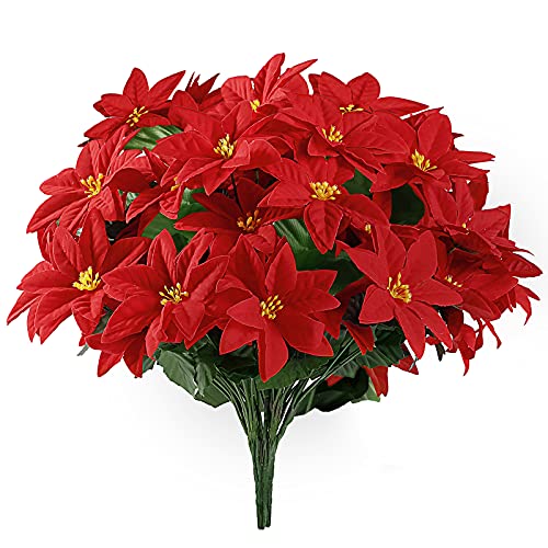 Sggvecsy Artificial Poinsettia Bouquet 5 Heads 5 Pack 15’’ Velvet Poinsettia Bush Christmas Flowers for Porch Home Garden Indoor Outdoor Xmas Decorations (Red)