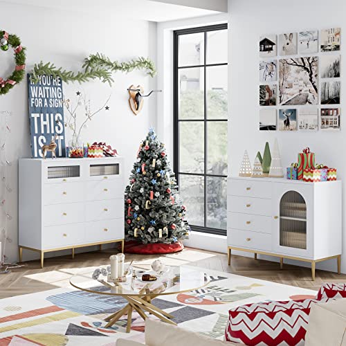 Finetones White Dresser For Bedroom, Modern Dresser Wood Dresser With Waveform Glass Door And Gold Metal Legs, White And Gold Dresser Storage Chest Of Drawers For Bedroom Living Room Hallway Entryway #TOP1