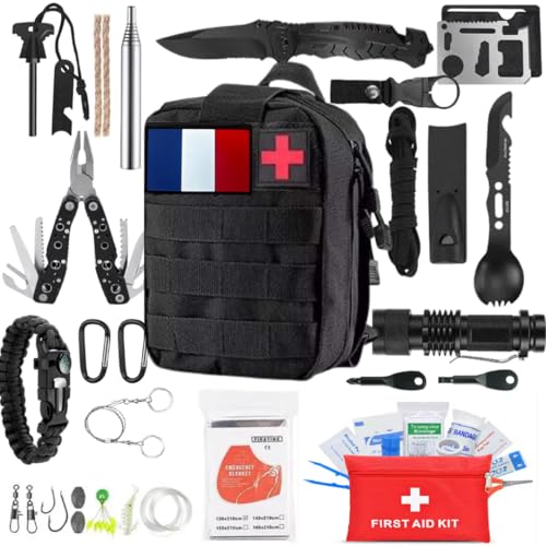 Kit de Survie -Sac de Survie – Pince Multifonction – Paracorde Boussole – Couteau Pliant Multifonction – Allume Feu – Lampe Torche