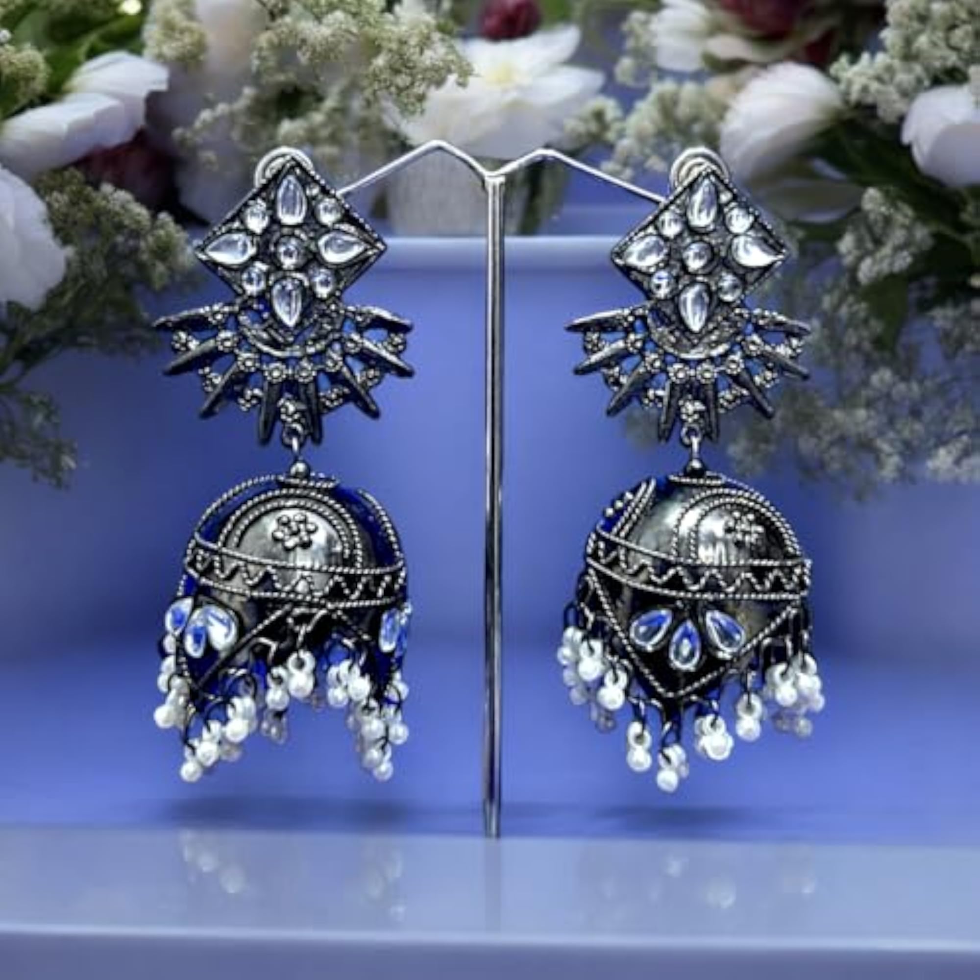 Oxidized Mirror Jhumka Earrings With Tassel Pearl Drops