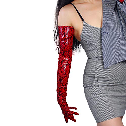 DooWay Super Long Leather Gloves Animal Print Python Snakeskin PU 27 inches Shiny Red
