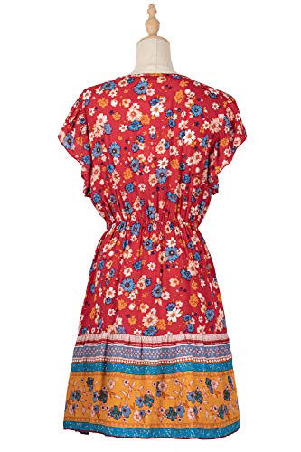Bestsmile Flores de verão com babado estampado feminino manga curta vestido casual bandagem cintura