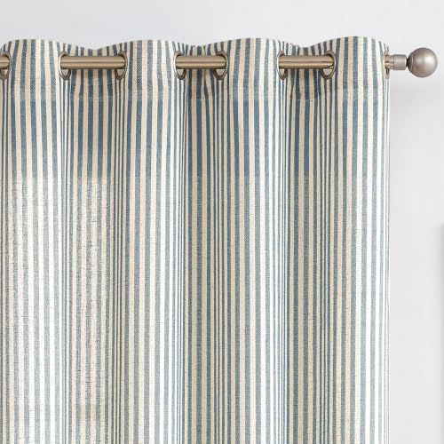 Vangao Linen Striped Curtains for Living Room Bedroom Farmhouse Tickingstripe Light Filtering Window Curtains Printed Drapes Grommet Top 2 Panels Blue W50 x L84 Inch