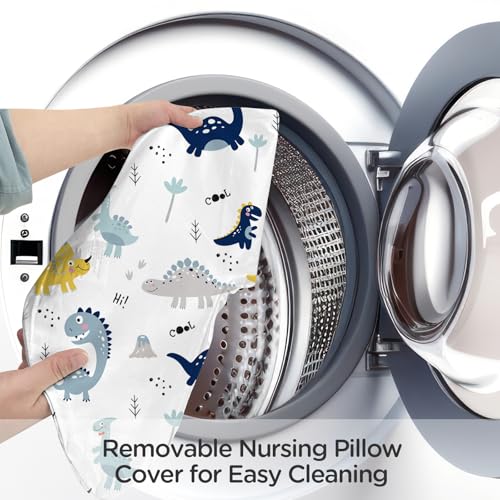 Image of Little Grape Land Ergonomic Nursing Pillow,New Breastfeeding Pillows Support for Mom and Baby,Breathable and Soft with Cute Washable Cover, Multi-Use Feeding Pillow for 0-12 Months, Dinosaur