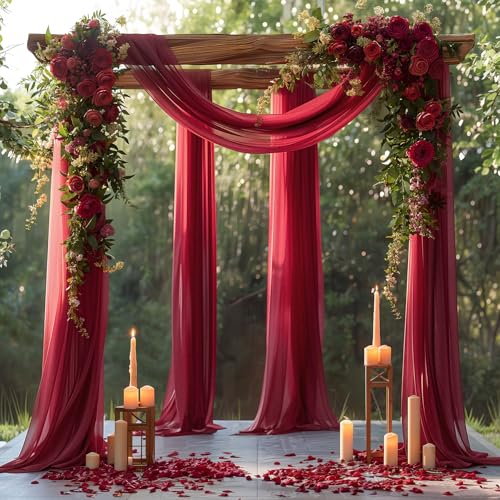 Image of Burgundy Wedding Arch Draping Fabric 1 Panel 30'' x 20FT Red Drapes Sheer Fabric Backdrop Curtains for Christmas Wedding Ceremony Birthday Party Bridal Shower Decoration