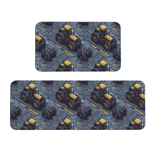 GVYGVY Antifatigue Kitchen Mats for Floor 2 Piece - Classic Yellow Tractor Print Kitchen Rugs Washable, Non Slip Runner Rug Standing Mat for Office/Bathroom/Laundry/Home Decor and Accessories