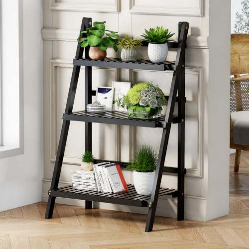 Image of oakvivo 39.4 inch Foldable Plant Shelf Ladder Shelf, 3 Tier Bamboo Ladder Flower Pot Display Shelf, Freestanding Ladder Bookshelf for Garden, Balcony, Yard, Living Room, 23.6 inch W x 15 inch D x 39.4 inch H, Black