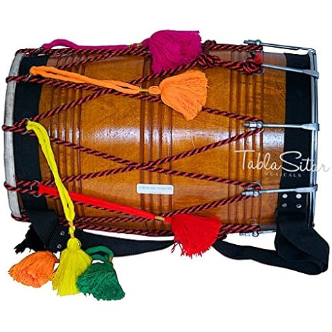 Dhol Drum by Maharaja Musicals, Mango Wood, Natural, Barrel Shaped, Padded Bag, Beaters, Nylon Shoulder Strap, Punjabi Bhangra Dhol Musical Instrument GE Cover