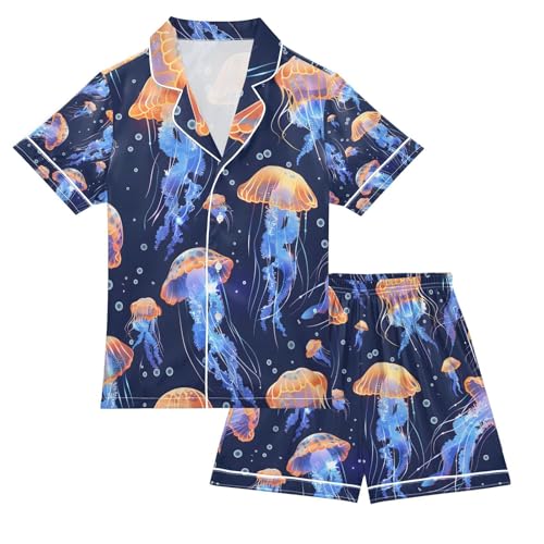 senya Beautiful Jellyfish Satin Summer Pajama Sets Silk Short Sleeve Button Down Sleepwear