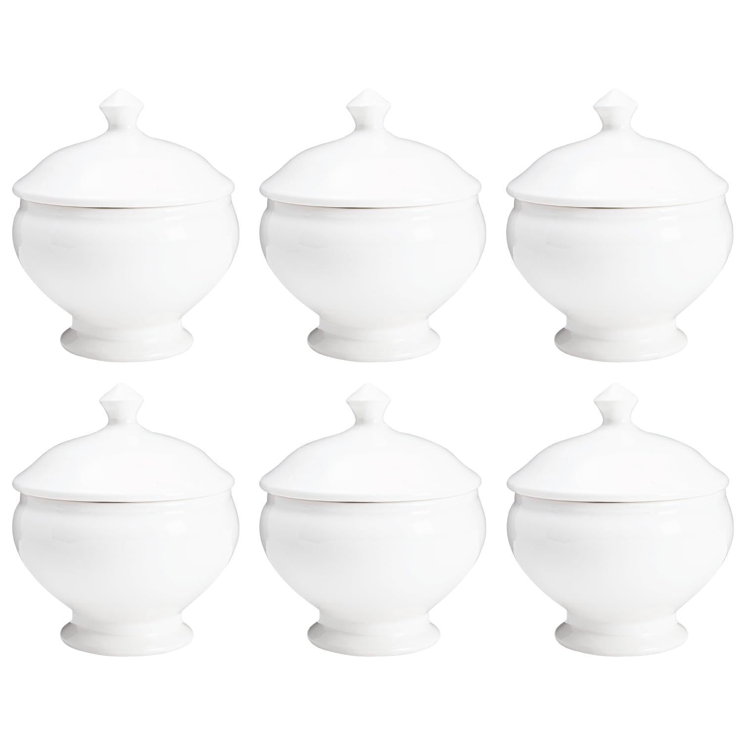 Vikko Juego de 6 platos de sopa con tapas, 14 onzas, elegante cuenco de sopa blanco con tapa, apto para lavavajillas