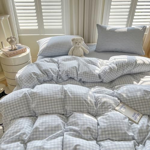 Image of LifeTB Blue Gingham Comforter Set Full Size Modern Style Blue Plaid Comforter Set 3 Pieces Grid Checkered Pattern Comforter Fluffy Soft Farmhouse Gingham Bedding Comforter with 2 Pillowcases