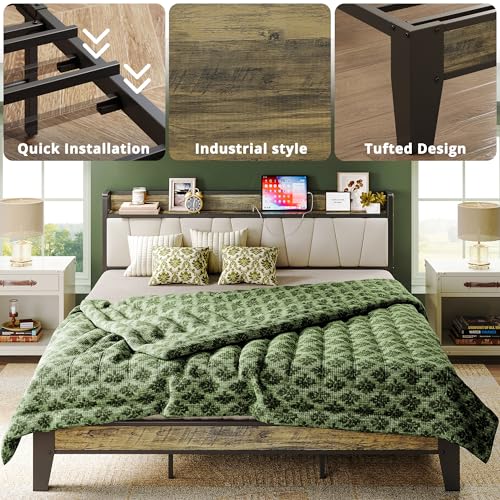 LIKIMIO California King Bed Frame, Storage Headboard with Charging Station, Solid and Stable, Noise Free, No Box Spring Needed, Easy Assembly (Walnut and Beige)