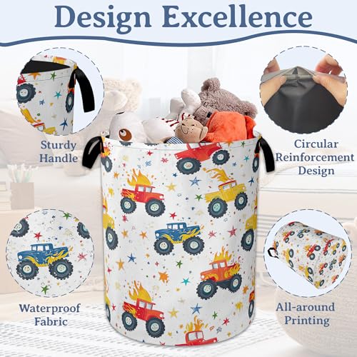 Image of Cute Truck Laundry Basket,Foldable Oxford Cloth Laundry Hamper With Handle, 20.8 inchx16 inch Portable Clothes Storage Basket Bag for Laundry Room /Bathroom /Bedroom /Dormitories