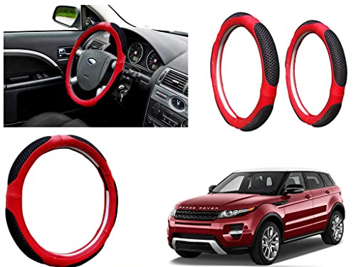 Image of Microfiber Car Steering Wheel Cover, Soft Padding Great Hand Feel, Anti-Slip, Faux Leather Steering Cover for Land Range Rover Evoque | Black Red Jali - Pack of 1