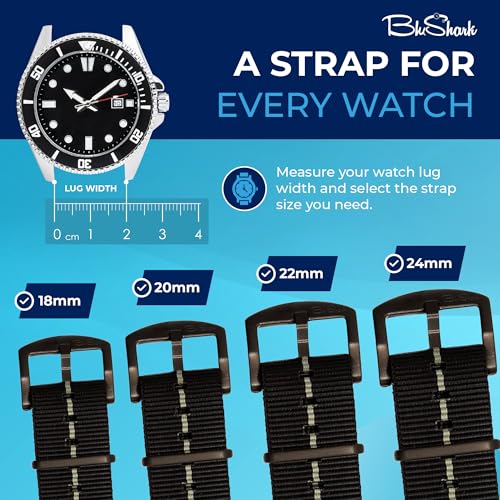 Image of BluShark - Original Collection Military-Style Waterproof Watch Strap, Fits All Timepiece Brands, Durable Nylon Wristwatch Accessories with Stainless Steel Buckle - 18mm, 20mm, 22mm & 24mm Watch Bands