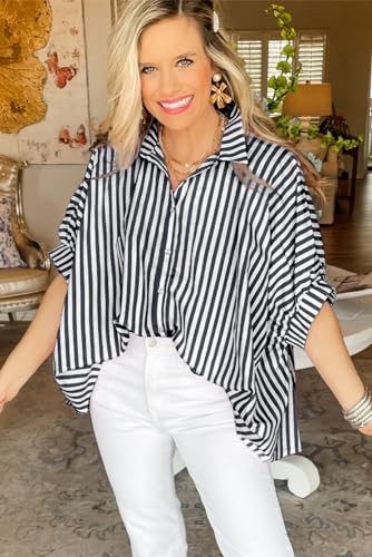 Women 2025 Summer Stripe Dolman Sleeve V Neck Oversize Shirt Tops Casual Button Up Short Sleeve Striped Blouse3