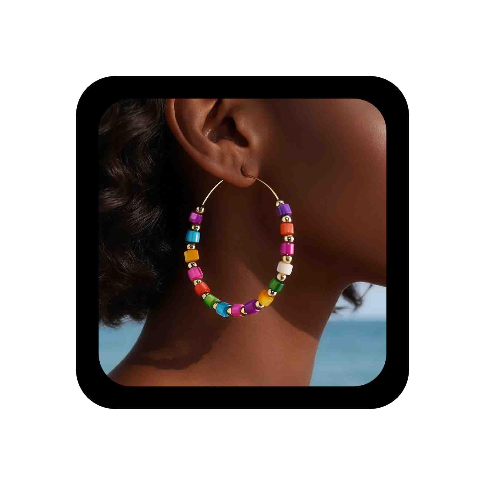 Boho Rainbow Seed Beaded Circle Earrings Circle Bead Hoop Earrings Colorful Beads Hoop Dangle Earrings Acrylic Multi Color Bead Circle Earrings Jewelry for Women