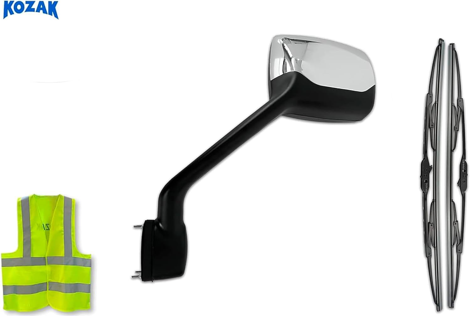 Kozak Chrome Finish Hood Mirror Left (Driver Side) Compatible with Peterbilt 587 Semi Trucks - Truck Parts - PLUS Logo, 2x22 Inch Windshield Wipers and Logo