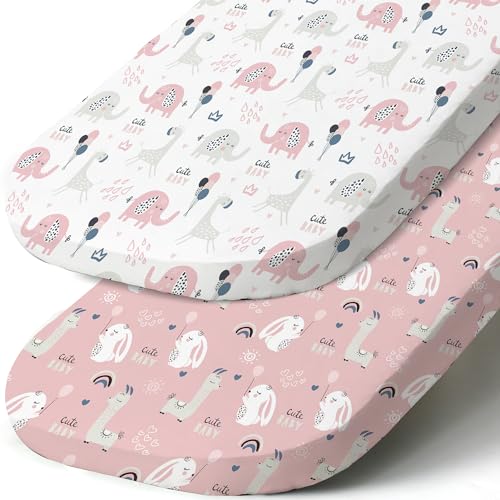 Image of Stretch Fitted Bassinet Sheet Set BROLEX 2 Pack Cradle Sheets for Bassinet Pad/Mattress,Unisex Boys Girls,Ultra Soft,Elephant Rabbit