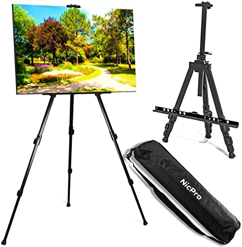 Nicpro Painting Easel for Display, Adjustable Height 17" to 63" Tabletop & Floor Art Easel, Aluminum Tripod Artist Easels Stand for Painting Canvas, Wedding Signs with Carry Bag - Black