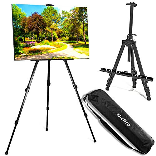 Nicpro Art Easel for Sign Black Aluminum Metal Tripod Stand, Adjustable Height 17 to 66" for Table-Top/Floor Painting