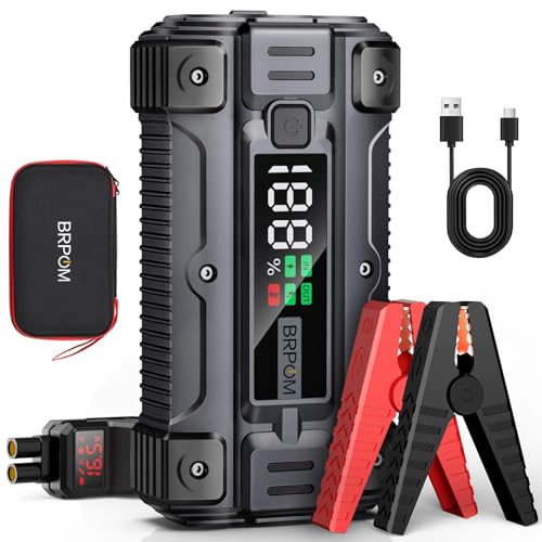 BRPOM Arrancador de Baterias de Coche 6000A, 26800mAh Arrancador de Coches Portátil (para Todo Gasolina o 8.5L de Diésel), 12V Arrancador de Baterias, Car Jump Starter con Pantalla Grande, QC 3.0