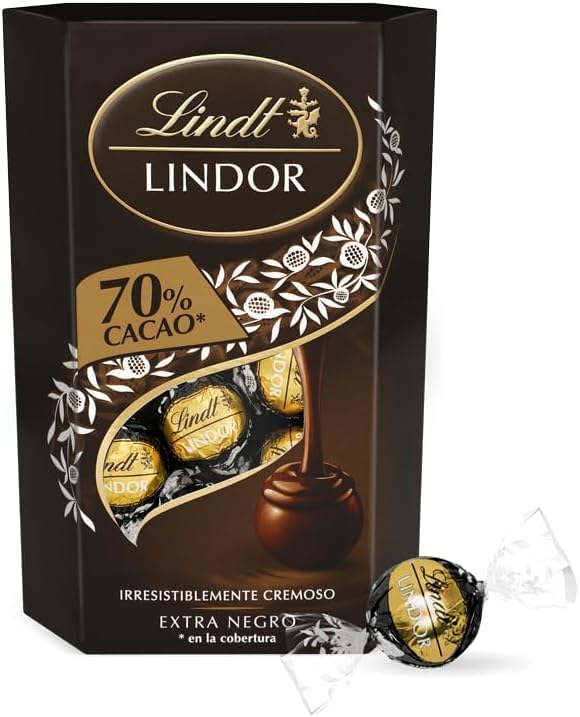 Lindt bombones LINDOR CORNET chocolate negro al 70% de cacao, delicioso bombón con interior de chocolate cremoso, 200 g, aproximadamente 16 bombones