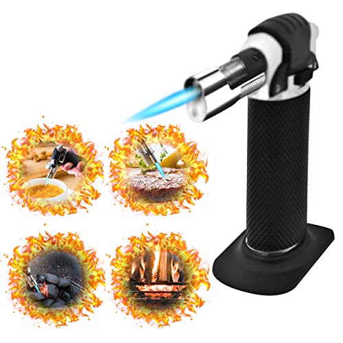 Flambierbrenner Bunsenbrenner Shisha Feuerzeug Mini Gasbrenner - Nachfüllbar mit Ständer verstellbare Sturmflamme - Flambiergerät Küchenfackel Küchenbrenner mit Jet Flamme Sicherheitsschloss (1 Stück)