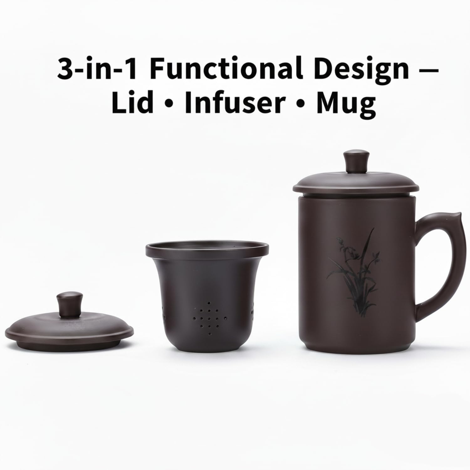 I-MART Tasse à thé, tasse à thé en argile violette avec infuseur et couvercle (383 g – fleur)
