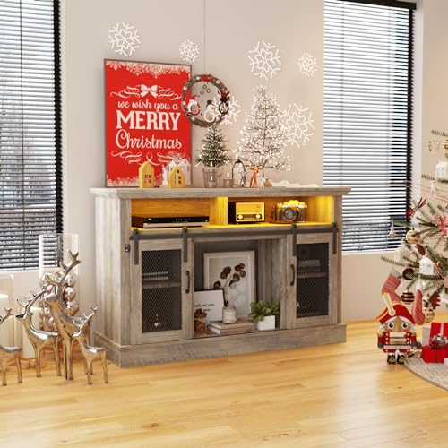 Image of Vabches Farmhouse TV Stand for TVs Up to 55 Inches, Entertainment Center with LED Lights, Modern Media Console Table with Sliding Barn Door, Grey