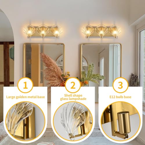 Image of Bathroom Light Fixtures, 3-Lights Vanity Lights Over Mirror, Modern Bathroom Wall Light with Clear Shell Shaped Glass Shades, Gold Wall Sconces for Bedroom Living Room Kitchen Hallway