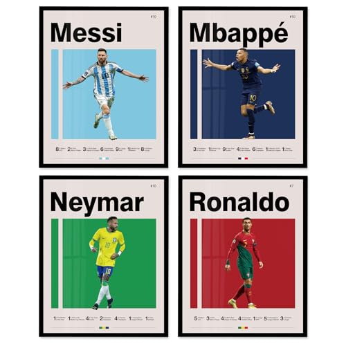 A ART·ZONE Fußballposter, gerahmt, Leinwand, 20,3 x 25,4 cm, Messi, Ronaldo, Mbape und Neymar, berühmte Fußball-Superstar-Poster, Sportdekoration für Jungen-Schlafzimmer, Wandkunst