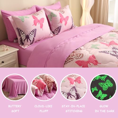 Image of Pink Girls Butterfly Bedding Set Full Size 7 Piece Glow in The Dark Butterfly Comforter with Sheets & Pillowcases Soft Microfiber Bed in A Bag for Kids Teens All Season