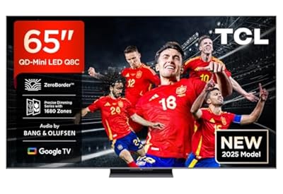 TCL 65Q8C 65 QD-Mini LED TV 4K HDR Premium 4500 nits ZeroBorder™ Smart TV with Google TV Dolby Vision IQ and Atmos CrystGlow WHVA Panel Audio by Bang & Olufsen Motion Clarity Pro 144 Hz