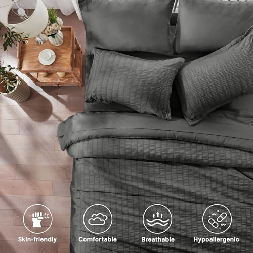 Image of Zzlpp Twin Comforter Set 5 pieces, Dark Grey Seersucker Bed in a Bag with Comforter and Sheets, All Season Bedding Sets with 1 Comforter, 1 Pillow Sham, 1 Pillowcase, 1 Flat Sheet, 1 Fitted Sheet