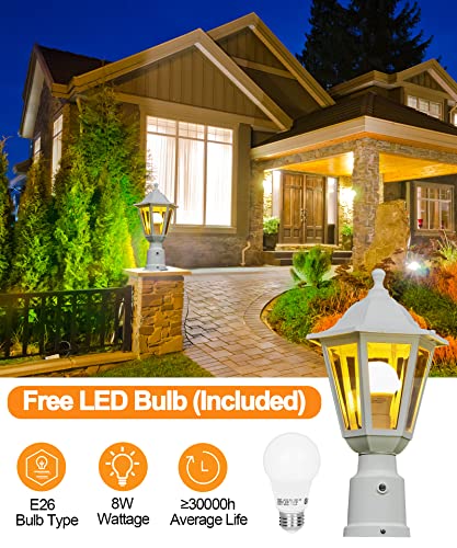 FUDESY Dusk to Dawn Outdoor Post Light, White Modern Exterior Post Lantern with Pier Mount Base, Plastic Waterproof Lamp Light Fixture for Garden Yard Patio Pathway, LED Bulb Included