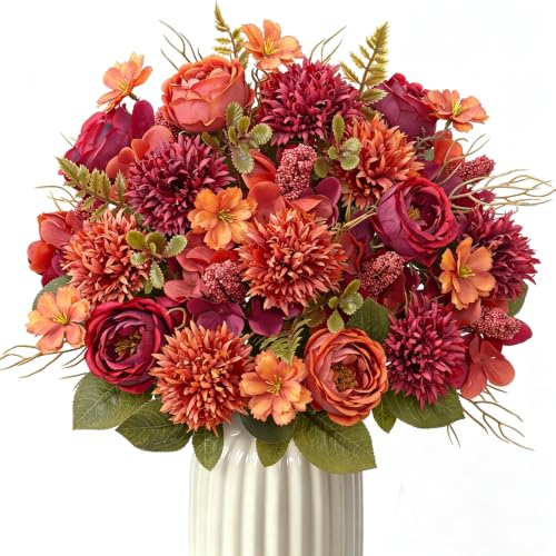 Image of DEMIUKO 2PCS Peony Artificial Flowers Chrysanthemum Burgundy Autumn Deko