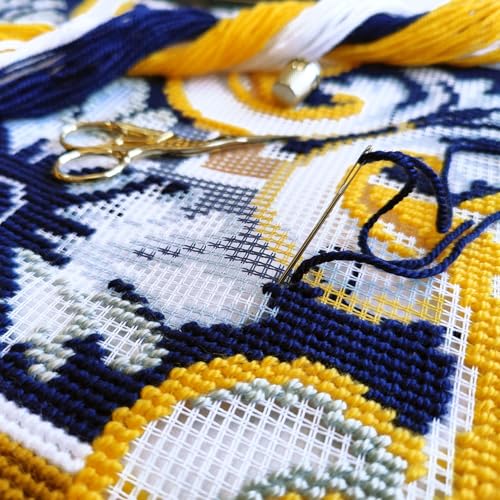 Image of Brvsk Ornamental Stamped Cross-Stitch Kit for Adults and Beginners - Tiara 16″ x 16″ with Clear, Precise Printed Design on Cotton Canvas; Includes 2 Needles, Yarn, and Easy-Read Chart
